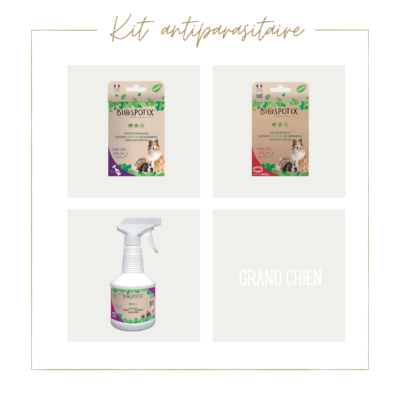 kit antiparasitaire composé de pipettes, collier et spray pour grand chien. Produits naturels